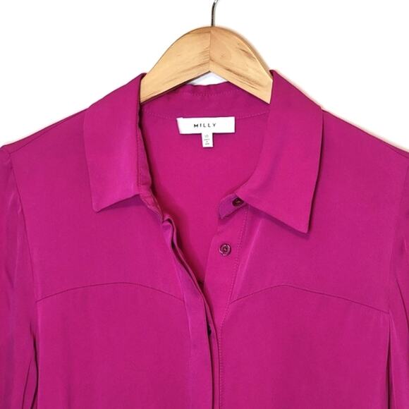 MILLY Silk Button Down Long Sleeve Fuchsia Pink Purple Blouse Size 10 - Picture 3 of 15
